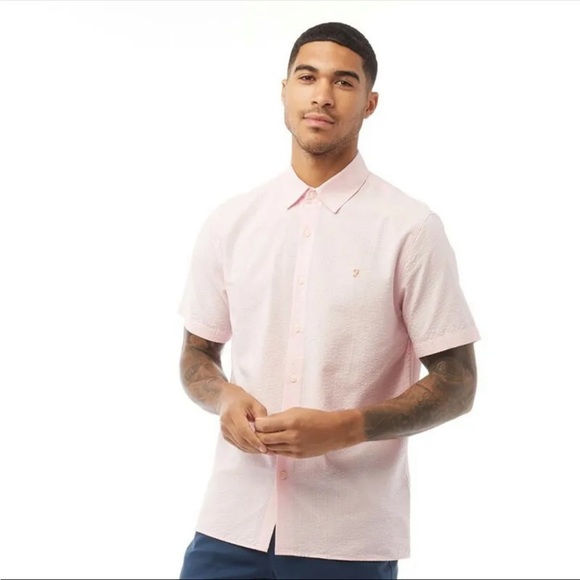 Farah Vintage Medium Mens Hudspeth Seersucker Short Sleeve Shirt Cool Pink BNWT - Picture 2 of 5